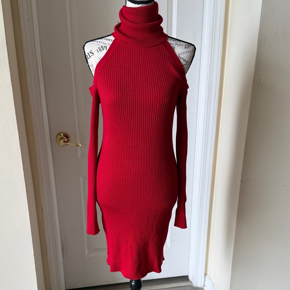 Fashion Nova Red Cold Shoulder Turtleneck Dress Size Large.